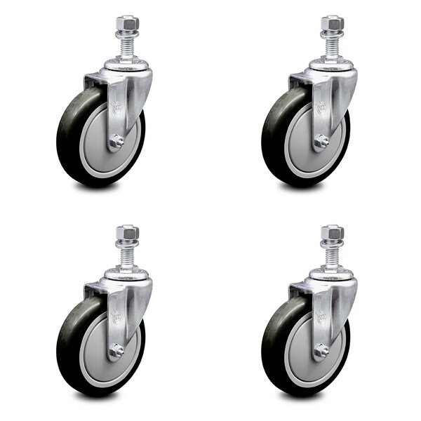 5 Inch Black Polyurethane Wheel Swivel 12mm Threaded Stem Caster Set SCC